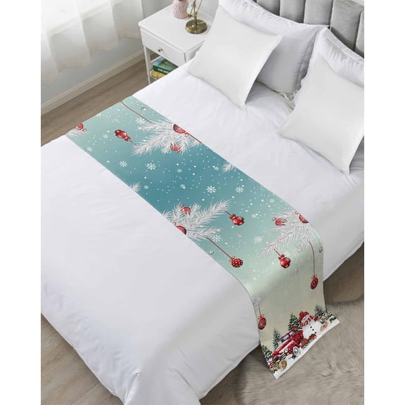 Bed Runner Scarf Queen Size, Teal Christmas Stain Bed Runners & Scarves for Foot of Beds, Xmas Snowman Truck Tree Balls Decorative Bedding Runner Scarf for Hotel Home Bedroom