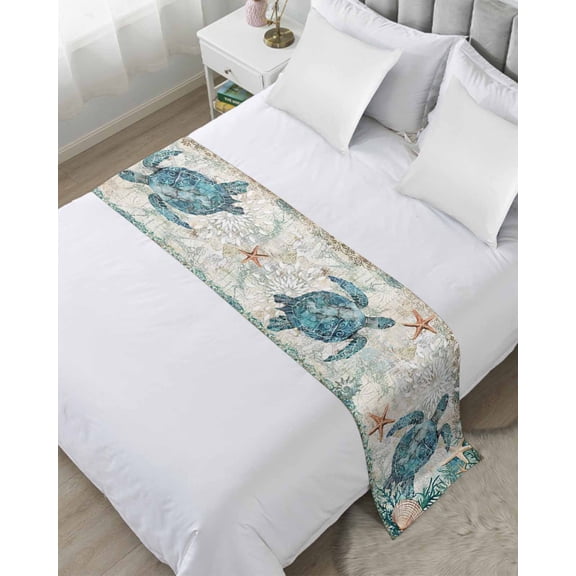 Bed Runner Scarf Queen Size, Teal Coastal Turtle Stain Bed Runners & Scarves for Foot of Beds, Vintage Summer Beach Nautical Coral Decorative Bedding Runner Scarf for Hotel Home Bedroom
