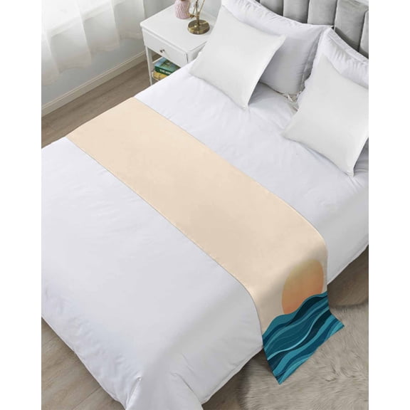 Bed Runner Scarf Queen Size, Teal Waves Stain Bed Runners & Scarves for Foot of Beds, Watercolor Sun Turquoise Ombre Decorative Bedding Runner Scarf for Hotel Home Bedroom