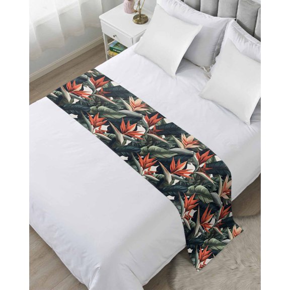 Bed Runner Scarf Queen Size, Tropical Flowers Leaves Stain Bed Runners & Scarves for Foot of Beds, Rustic Summer Botanical Plants Decorative Bedding Runner Scarf for Hotel Home Bedroom