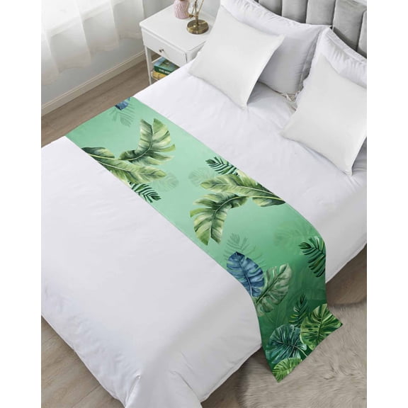 Bed Runner Scarf Queen Size, Tropical Leaves Stain Bed Runners & Scarves for Foot of Beds, Country Summer Botanical Green Plants Decorative Bedding Runner Scarf for Hotel Home Bedroom