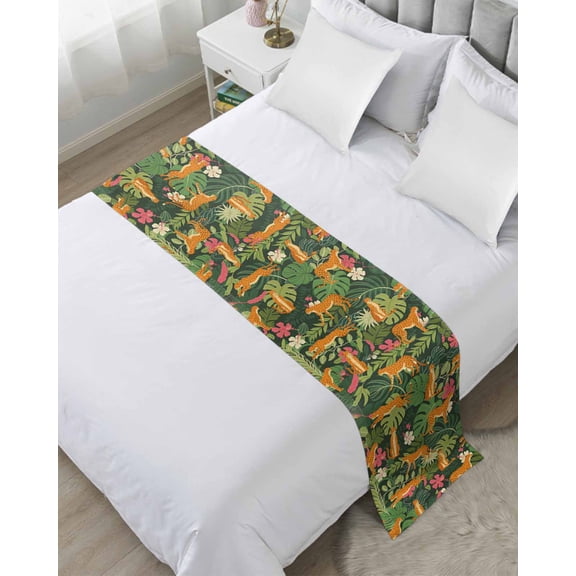 Bed Runner Scarf Queen Size, Tropical Plants Stain Bed Runners & Scarves for Foot of Beds, Summer Botanical Animals Flowers Leaves Decorative Bedding Runner Scarf for Hotel Home Bedroom
