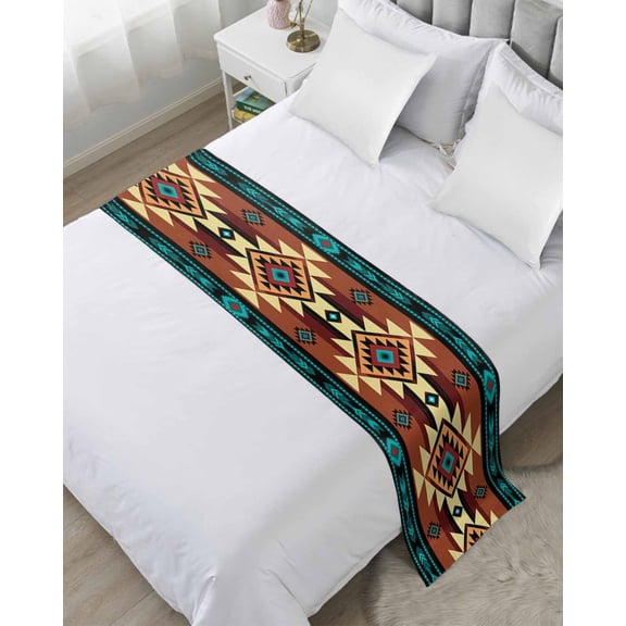 Bed Runner Scarf Queen Size, Turquoise Red Stain Bed Runners & Scarves for Foot of Beds, Southwest American Native Abstract Pattern Decorative Bedding Runner Scarf for Hotel Home Bedroom