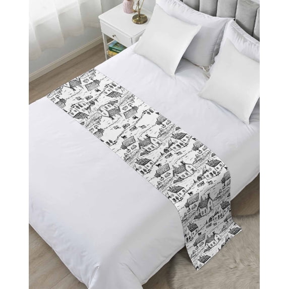 Bed Runner Scarf Queen Size, Vintage Farmhouse Stain Bed Runners & Scarves for Foot of Beds, Country Farm Houses Cows Sheep Animal Decorative Bedding Runner Scarf for Hotel Home Bedroom 83 x20 Inch