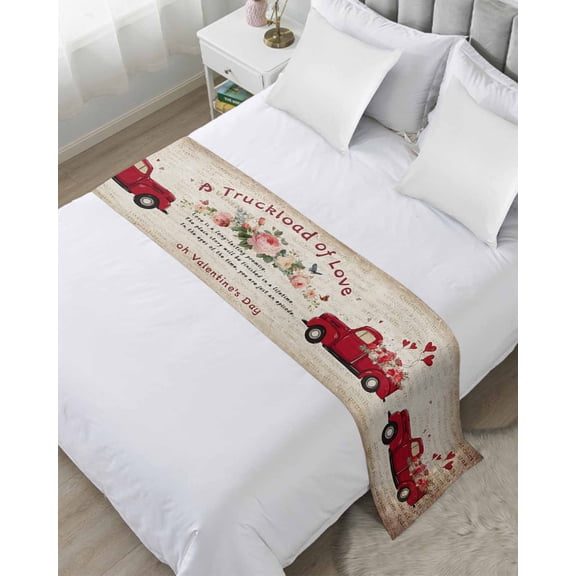 Bed Runner Scarf Queen Size, Vintage Valentine's Day Stain Bed Runners & Scarves for Foot of Beds, Retro Truck Floral Love Heart Decorative Bedding Runner Scarf for Hotel Home Bedroom