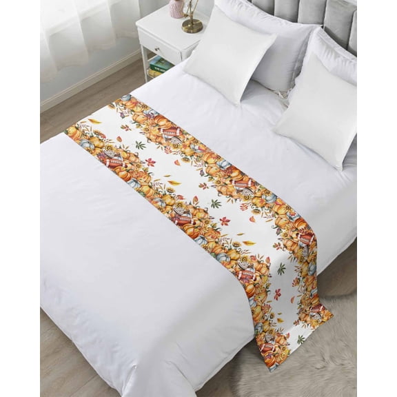 Bed Runner Scarf Twin Size, Autumn Pumpkin Stain Bed Runners & Scarves for Foot of Beds, Vintage Rugby Sunflower Maple Leaf Decorative Bedding Runner Scarf for Hotel Home Bedroom
