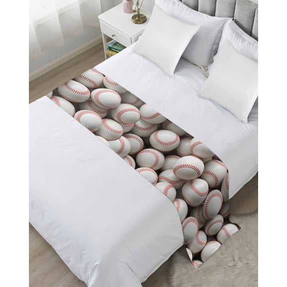 Bed Runner Scarf Twin Size, Baseball Stain Bed Runners & Scarves for Foot of Beds, White Red Art Sport Decorative Bedding Runner Scarf for Hotel Home Bedroom
