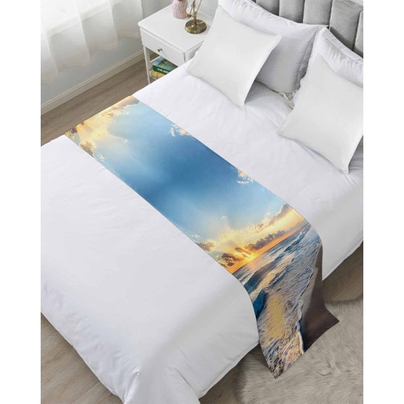 Bed Runner Scarf Twin Size, Beach Ocean Stain Bed Runners & Scarves for Foot of Beds, Sunset Sea Waves Spray Sky Nature Landscape Decorative Bedding Runner Scarf for Hotel Home Bedroom