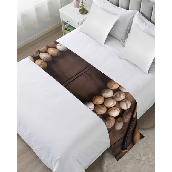 Bed Runner Scarf for Twin Size Bed, Baseball Beds Scarf Throws for Foot of Bedding, Farmhouse Retro Sport Theme Brown Wooden Grain Decorative Beds Runners for Bedroom Guestroom, 71"x20"