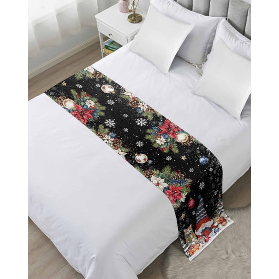 Bed Runner Scarf for Twin Size Bed, Black Christmas Beds Scarf Throws for Foot of Bedding, Gnomes Poinsettia Ball Pine Tree Leaves Decorative Beds Runners for Bedroom Guestroom, 71"x20"