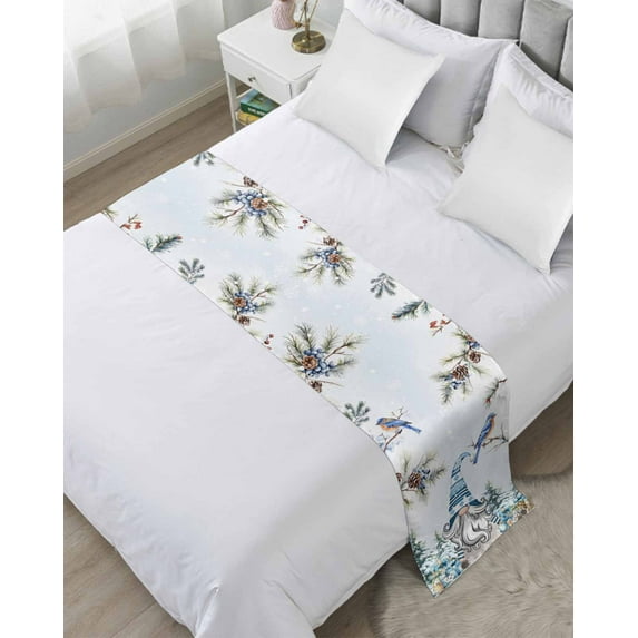 Bed Runner Scarf for Twin Size Bed, Blue Gnomes Christmas Beds Scarf Throws for Foot of Bedding, Xmas Tree Snowflake Berry Pine Cones Decorative Beds Runners for Bedroom Guestroom, 71"x20"