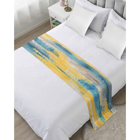 Bed Runner Scarf for Twin Size Bed, Blue Yellow Brown Beds Scarf Throws for Foot of Bedding, Modern Abstract Mottled Oil Painting Decorative Beds Runners for Bedroom Guestroom, 71"x20"