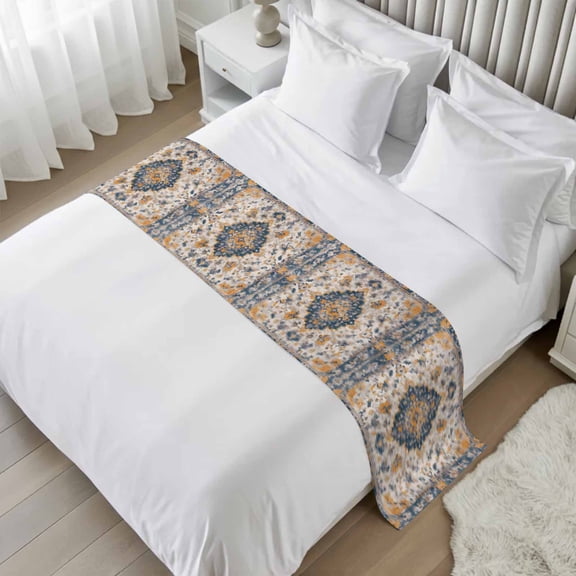 Bed Runner Scarf for Twin Size Bed, Boho Chic Ethnic Beds Scarf Throws for Foot of Bedding, Orange Blue Vintage Tribes Decorative Beds Runners for Bedroom Guestroom, 71"x20"