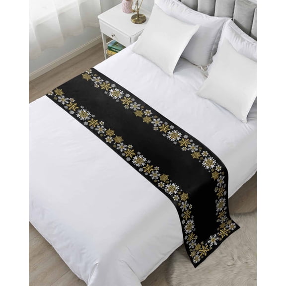 Bed Runner Scarf for Twin Size Bed, Christmas Black Beds Scarf Throws for Foot of Bedding, Xmas White Golden Snowflakes Retro Rustic Decorative Beds Runners for Bedroom Guestroom, 71"x20"