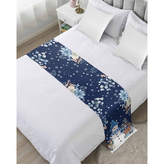 Bed Runner Scarf for Twin Size Bed, Christmas Navy Beds Scarf Throws for Foot of Bedding, Snowman Elk Eucalyptus Snowflakes Xmas Tree Decorative Beds Runners for Bedroom Guestroom, 71"x20"