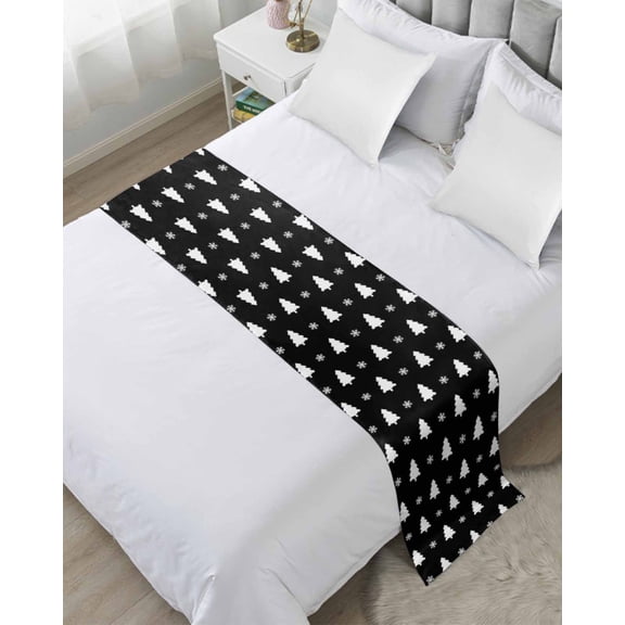 Bed Runner Scarf for Twin Size Bed, Christmas Tree Beds Scarf Throws for Foot of Bedding, Black White Winter Xmas Snowflakes Decorative Beds Runners for Bedroom Guestroom, 71"x20"