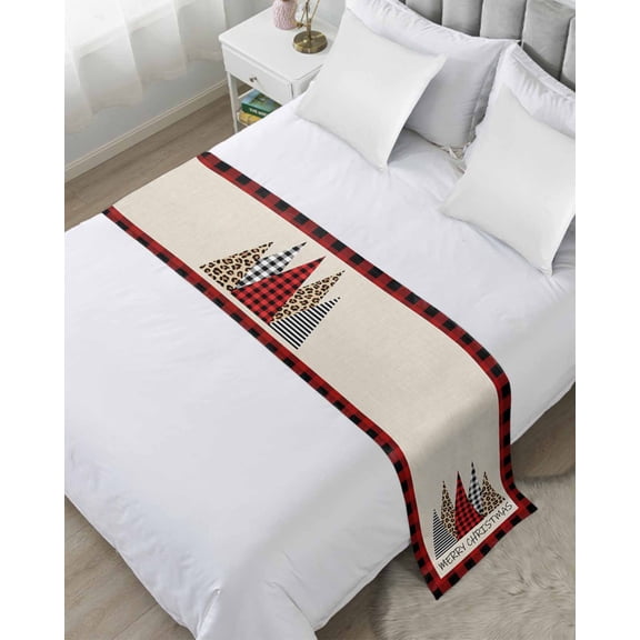 Bed Runner Scarf for Twin Size Bed, Christmas Tree Beds Scarf Throws for Foot of Bedding, Xmas Buffalo Plaid Leopard Print Retro Beige Decorative Beds Runners for Bedroom Guestroom, 71"x20"