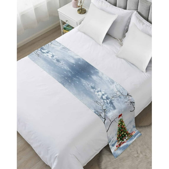 Bed Runner Scarf for Twin Size Bed, Christmas Tree Beds Scarf Throws for Foot of Bedding, Xmas Snowflake Tree Balls Showman Decorative Beds Runners for Bedroom Guestroom, 71"x20"