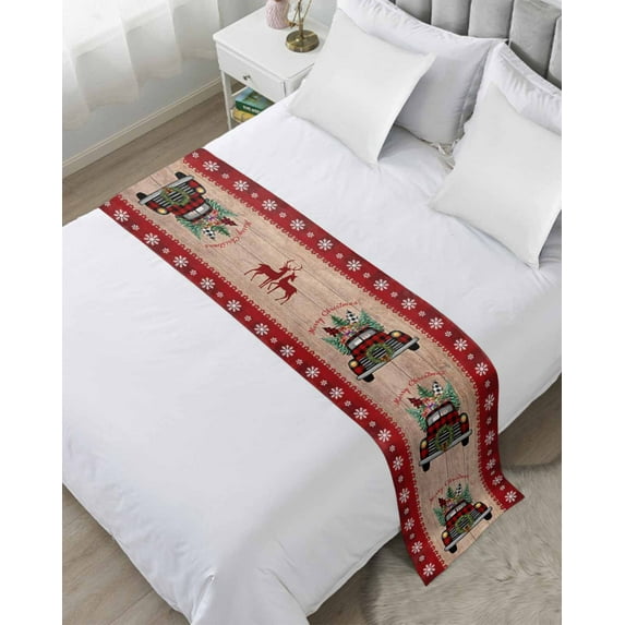Bed Runner Scarf for Twin Size Bed, Christmas Truck Beds Scarf Throws for Foot of Bedding, Xmas Snowflakes Tree Farmhouse Wooden Decorative Beds Runners for Bedroom Guestroom, 71"x20"