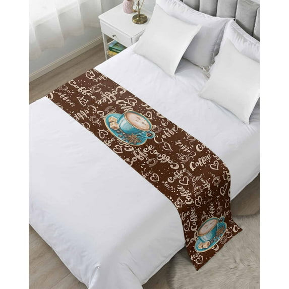 Bed Runner Scarf for Twin Size Bed, Coffee Beds Scarf Throws for Foot of Bedding, Brown Teal Pastoral Vintage Art Decorative Beds Runners for Bedroom Guestroom, 71"x20"