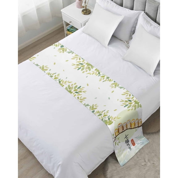 Bed Runner Scarf for Twin Size Bed, Cute Owls Harmony Beds Scarf Throws for Foot of Bedding, Branch Green Leaves Country Rustic Decorative Beds Runners for Bedroom Guestroom, 71"x20"