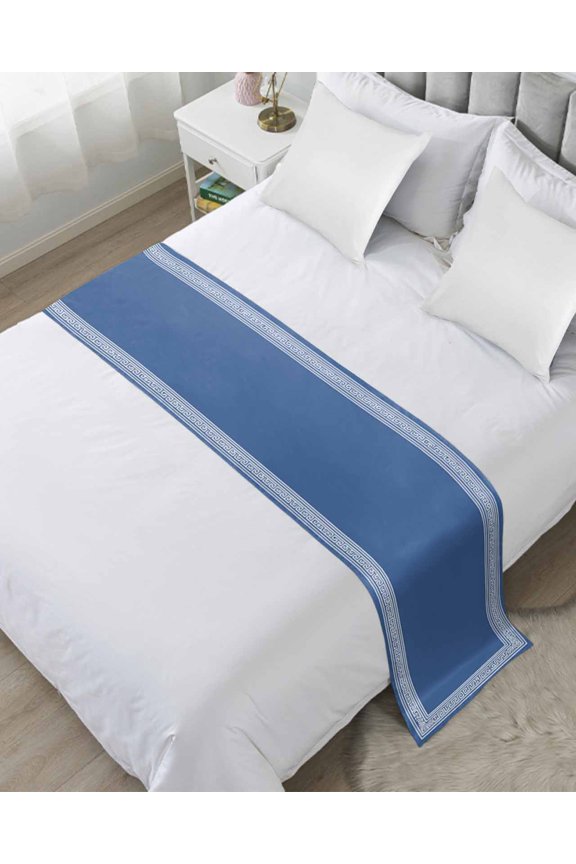 Bed Runner Scarf for Twin Size Bed, Dark Blue Greek Key Beds Scarf Throws for Foot of Bedding, Geometric Greece Ancient Farmhouse Geo Decorative Beds Runners for Bedroom Guestroom, 71"x20"