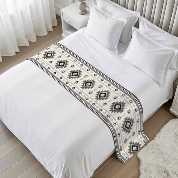 Bed Runner Scarf for Twin Size Bed, Gray Beige Boho Beds Scarf Throws for Foot of Bedding, Ethnic Tribe Southwestern Vintage Decorative Beds Runners for Bedroom Guestroom, 71"x20"