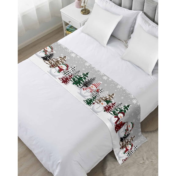 Bed Runner Scarf for Twin Size Bed, Grey Christmas Beds Scarf Throws for Foot of Bedding, Snowman Xmas Tree Winter Snowflake Decorative Beds Runners for Bedroom Guestroom, 71"x20"