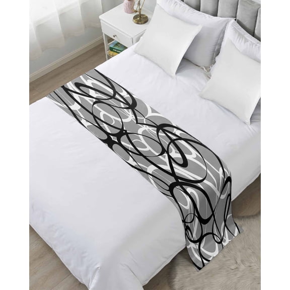 Bed Runner Scarf for Twin Size Bed, Grey Geometric Beds Scarf Throws for Foot of Bedding, Retro Black White Abstract Striped Lines Decorative Beds Runners for Bedroom Guestroom, 71"x20"