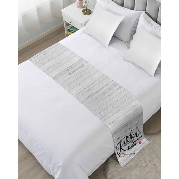 Bed Runner Scarf for Twin Size Bed, Kitchen Knife Fork Beds Scarf Throws for Foot of Bedding, Vintage Love Heart Grey Wood Grain Decorative Beds Runners for Bedroom Guestroom, 71"x20"