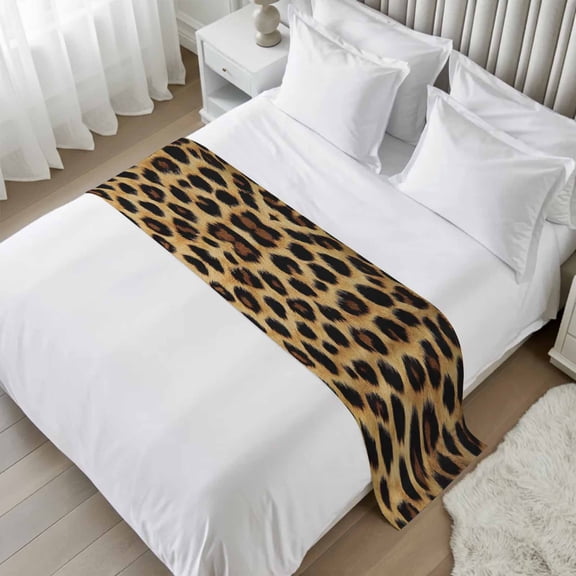 Bed Runner Scarf for Twin Size Bed, Leopard Print Beds Scarf Throws for Foot of Bedding, Brown Yellow Retro Animal Fur Pattern Decorative Beds Runners for Bedroom Guestroom, 71"x20"