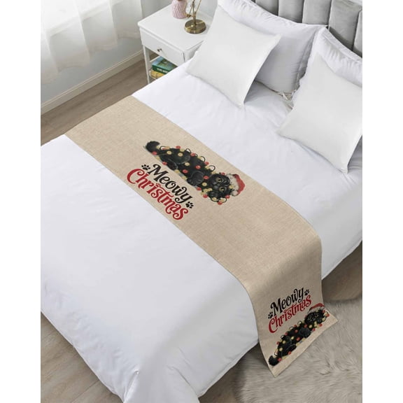 Bed Runner Scarf for Twin Size Bed, Merry Christmas Beds Scarf Throws for Foot of Bedding, Funny Black Cat Xmas Hat Beige Burlap Decorative Beds Runners for Bedroom Guestroom, 71"x20"