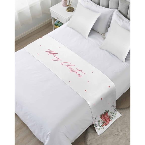 Bed Runner Scarf for Twin Size Bed, Merry Christmas Beds Scarf Throws for Foot of Bedding, Winter Red Boots Stars Berry Leaves Decorative Beds Runners for Bedroom Guestroom, 71"x20"