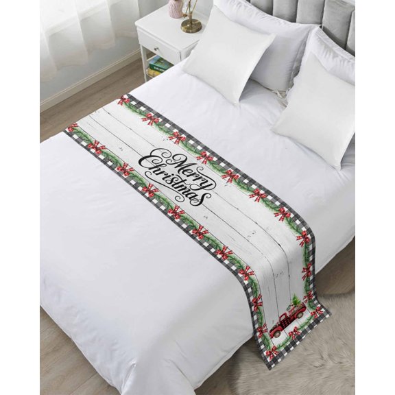 Bed Runner Scarf for Twin Size Bed, Merry Christmas Beds Scarf Throws for Foot of Bedding, Xmas Tree Truck Balls Gifts Grey Wood Decorative Beds Runners for Bedroom Guestroom, 71"x20"