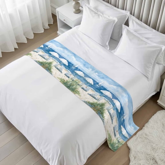 Bed Runner Scarf for Twin Size Bed, Nautical Sea Wave Blue Beds Scarf Throws for Foot of Bedding, Ocean Coastal Beach Plant Decorative Beds Runners for Bedroom Guestroom, 71"x20"