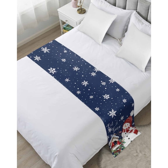 Bed Runner Scarf for Twin Size Bed, Navy Blue Snowman Christmas Beds Scarf Throws for Foot of Bedding, Xmas Snowflake Birds Berry Winter Decorative Beds Runners for Bedroom Guestroom, 71"x20"