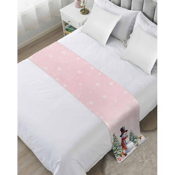 Bed Runner Scarf for Twin Size Bed, Pink Snowman Christmas Beds Scarf Throws for Foot of Bedding, Xmas Tree Snowflake Gifts Decorative Beds Runners for Bedroom Guestroom, 71"x20"