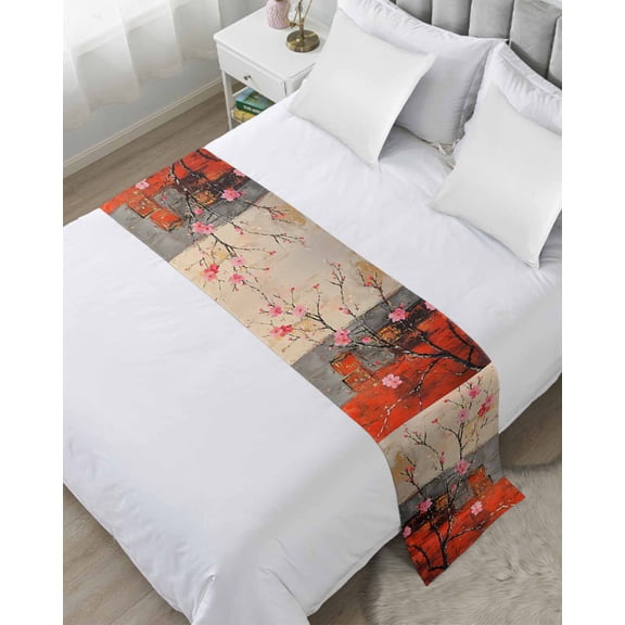 Bed Runner Scarf for Twin Size Bed, Plum Blossom Beds Scarf Throws for Foot of Bedding, Retro Flowers Country Nostalgic Decorative Beds Runners for Bedroom Guestroom, 71"x20"