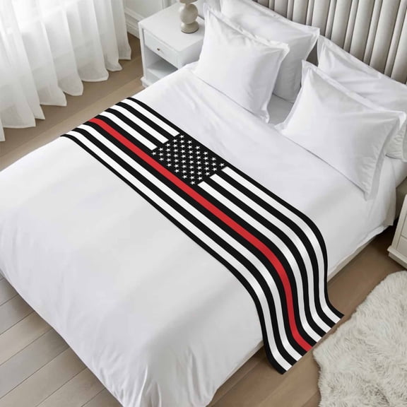 Bed Runner Scarf for Twin Size Bed, Red White Stripe Fireman American Flag Beds Scarf Throws for Foot of Bedding, Fire Fighter USA Flags Decorative Beds Runners for Bedroom Guestroom, 71"x20"