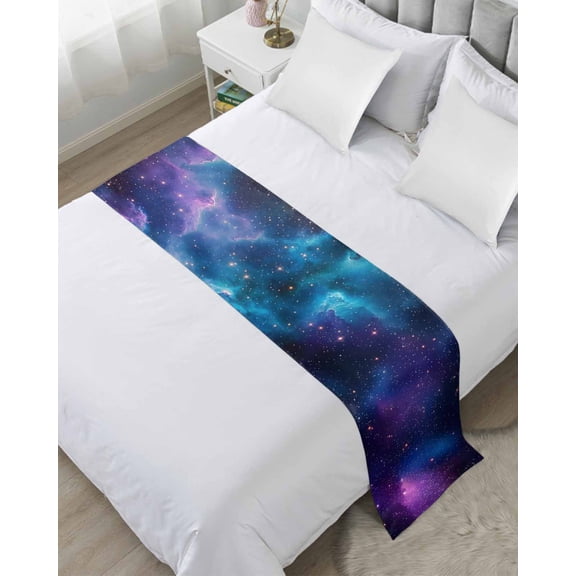 Bed Runner Scarf for Twin Size Bed, Starry Sky Beds Scarf Throws for Foot of Bedding, Modern Rustic Blue Purple Ombre Star Night Decorative Beds Runners for Bedroom Guestroom, 71"x20"