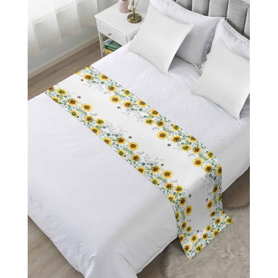 Bed Runner Scarf for Twin Size Bed, Sunflower Beds Scarf Throws for Foot of Bedding, Sage Green Summer Botanical Eucalyptus Farmhouse Bee Decorative Beds Runners for Bedroom Guestroom, 71"x20"