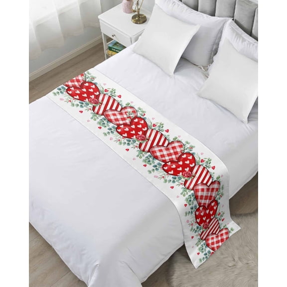 Bed Runner Scarf for Twin Size Bed, Valentine's Day Beds Scarf Throws for Foot of Bedding, Red Striped Love Heart Eucalyptus Leaves Decorative Beds Runners for Bedroom Guestroom, 71"x20"