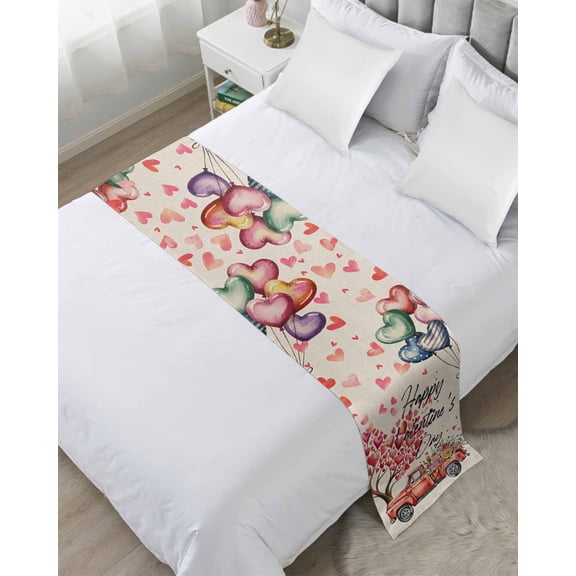Bed Runner Scarf for Twin Size Bed, Valentine's Day Beds Scarf Throws for Foot of Bedding, Spring Flowers Truck Love Balloons Decorative Beds Runners for Bedroom Guestroom, 71"x20"