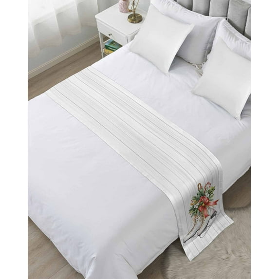 Bed Runner Scarf for Twin Size Bed, White Ice Skates Beds Scarf Throws for Foot of Bedding, Christmas Pine Needles Botanical Wood Decorative Beds Runners for Bedroom Guestroom, 71"x20"