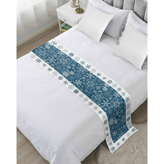 Bed Runner Scarf for Twin Size Bed, Winter Snowflakes Beds Scarf Throws for Foot of Bedding, Christmas Navy Blue Xmas Vintage Holiday Decorative Beds Runners for Bedroom Guestroom, 71"x20"