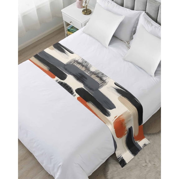 Bed Runner Scarf Twin Size, Black Geometric Stain Bed Runners & Scarves for Foot of Beds, Grey Abstract Oil Painting Artwork Decorative Bedding Runner Scarf for Hotel Home Bedroom