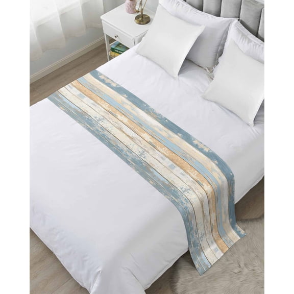Bed Runner Scarf Twin Size, Blue Beige Wooden Stain Bed Runners & Scarves for Foot of Beds, Vintage Farmhouse Modern Wood Decorative Bedding Runner Scarf for Hotel Home Bedroom