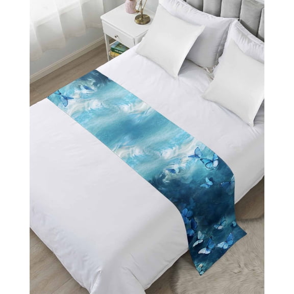 Bed Runner Scarf Twin Size, Blue Butterfly Stain Bed Runners & Scarves for Foot of Beds, Modern Elegant Water Ripples Decorative Bedding Runner Scarf for Hotel Home Bedroom