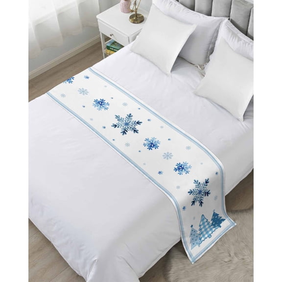Bed Runner Scarf Twin Size, Blue Christmas Trees Stain Bed Runners & Scarves for Foot of Beds, Navy Winter Snowflakes Checkered Decorative Bedding Runner Scarf for Hotel Home Bedroom