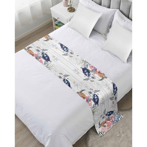 Bed Runner Scarf Twin Size, Blue Sea Turtle Coastal Stain Bed Runners & Scarves for Foot of Beds, Summer Beach Coral Shell Wooden Decorative Bedding Runner Scarf for Hotel Home Bedroom